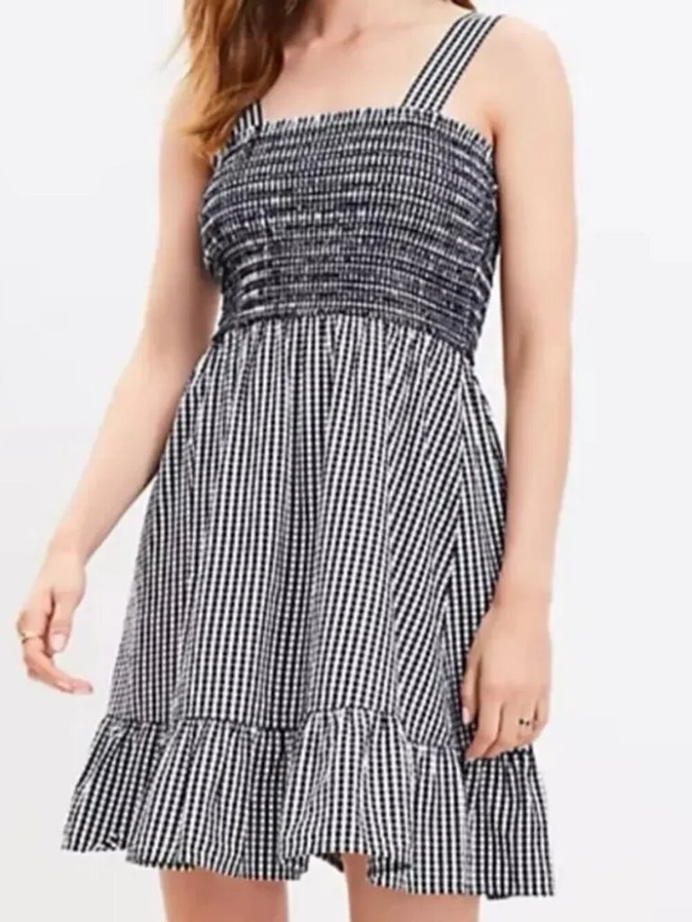 NWT Loft Black and White Gingham Smocked Strappy Flounce Dress Size L